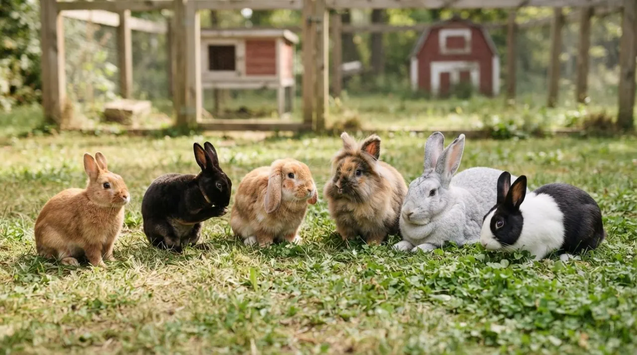 Domestic rabbit breeds with different sizes and coat types