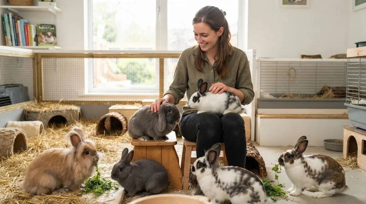 Several rabbit breeds with different ears, sizes, and coats